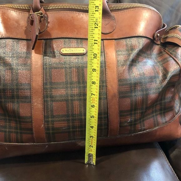 MRALPH LAUREN Brown Green Top Handle Tartan Plaid Boston Duffle Travel Bag 55cm - Picture 9 of 17